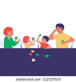 Parents with children play cards at the table. Family card game. The family got together to spend their leisure time. Flat vector illustration.