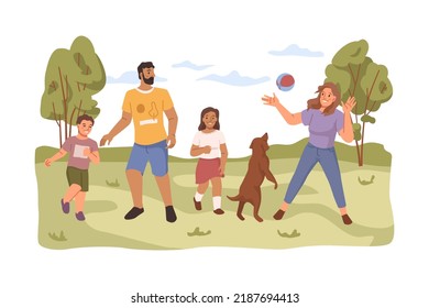 Parents and children playing ball with dog outside in park. Father and mother with kids and pet in meadow or backyards. Flat cartoon, vector in flat style