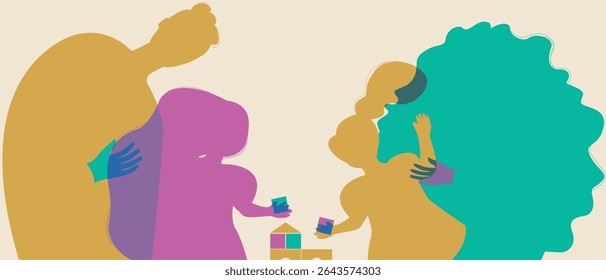 Parents and children playing with cubes, silhouette vector stock illustration with parents silhouettes as Authentic Family