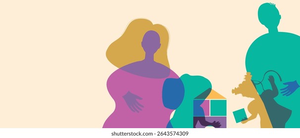Parents with children playing with toys or cubes, silhouette vector stock illustration as Authentic Family, copy space template for overlay