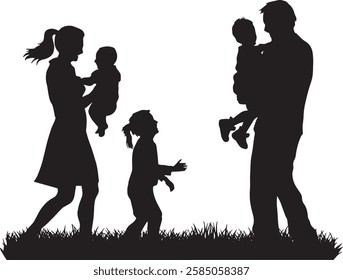 Parents and children playing vector silhouette