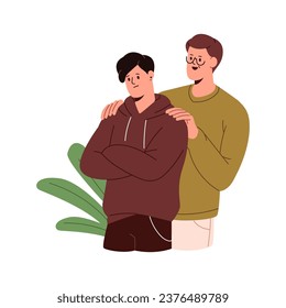 Relación de padres e hijos. Comunicación saludable en familia. Padre apoya a su hijo adolescente, ayuda a resolver problemas de identidad. A papá le importa el adolescente. Ilustración vectorial aislada plana en blanco