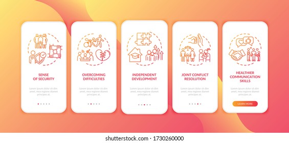 Parents And Children Relationship Onboarding Mobile App Page Screen With Concepts. Joint Conflict Resolution Walkthrough 5 Steps Graphic Instructions. UI Vector Template With RGB Color Illustrations