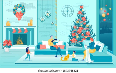 Parents and Children Rest in Cozy Living Room with Fireplace Decorated to Xmas. Winter Evening Spending Together. Father, Mother and Three Daughters. Christmas Eve. Vector Flat Cartoon Illustration