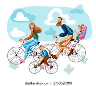 Parents and children rides bicycles in park. Dad, mom, son and daughter pastime, sport together, healthy lifestyle. Vector character illustration of family activity recreation, parenthood, childhood