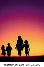 parents and children silhouette in nature