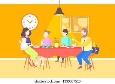 parents with children sitting cafe table enjoying food family having dinner and talking together restaurant interior full length flat horizontal