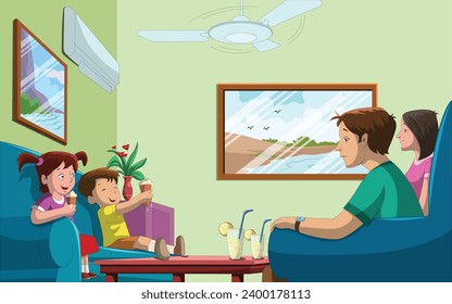 Parents and children sitting on the sofa and having ice-cream and lemonade vector illustration