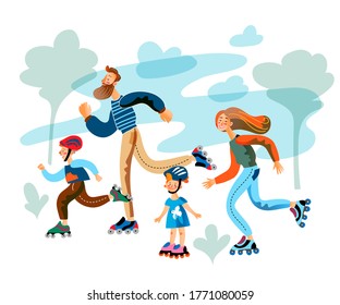 Parents and children skating on roller skates in park. Dad, mom, son and daughter pastime, sport together. Vector character illustration of family activity recreation scene, parenthood, childhood