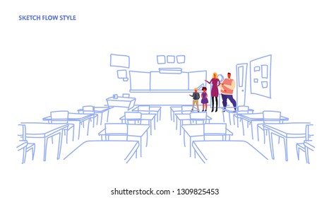 parents with children standing school class room interior board desk sketch flow style horizontal