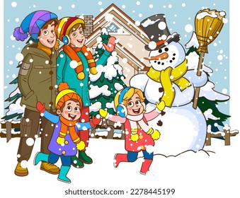 Parents with children standing together in snowy winter outdoors. Happy family ready for winter season outdoors activity vector flat design illustration