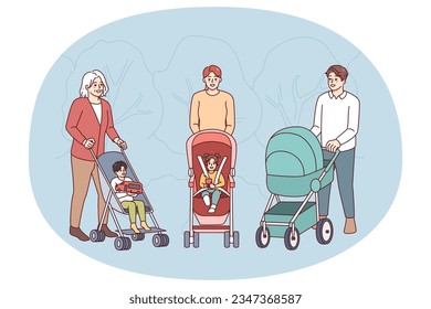 Parents with children in strollers walking in park. Happy mothers and fathers enjoy walk with small kids outside. Parenthood concept. Vector illustration.