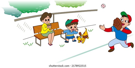 Parents and children supporting grass baseball on the bench