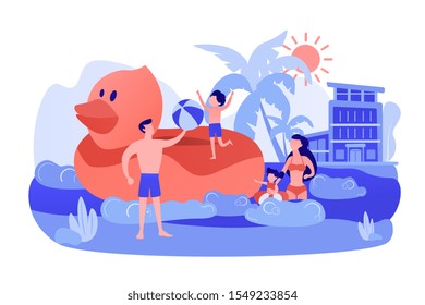 Parents, children swimming. Kids sunbathing near sea resort, hotel. Family vacations, all ages vacation, fantastic family adventure concept. Pinkish coral bluevector isolated illustration