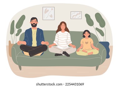 Parents and children togheter in yoga pose and meditating. Happy family performing health support exercises . Flat vector illustration isolated on white background.	