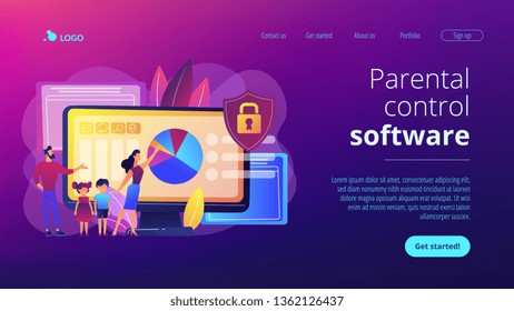 Parents with children using content control software. Parental control software, restricted access for children, media content limitations concept. Website vibrant violet landing web page template.