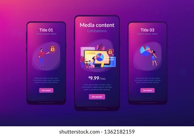 Parents with children using content control software. Parental control software, restricted access for children, media content limitations concept. Mobile UI UX GUI template, app interface wireframe