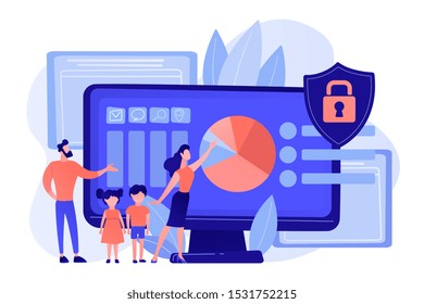 Parents with children using content control software. Parental control software, restricted access for children, media content limitations concept. Pinkish coral bluevector isolated illustration