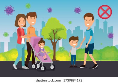 parents with children using face mask in landscape vector illustration design