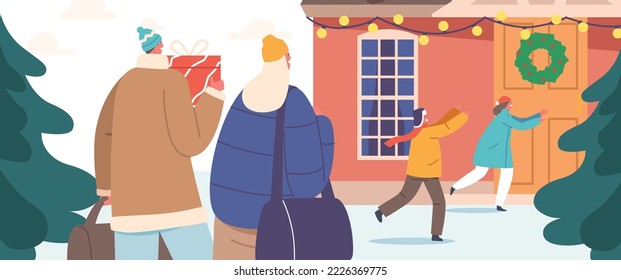 Parents with Children Visit Grandparents Home for Winter Holidays. Happy Family Characters Mom, Dad, Daughter and Son with Christmas Gifts at Cottage Facade. Cartoon People Vector Illustration