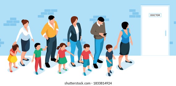 Parents with children waiting in queue for doctor appointment 3d isometric vector illustration