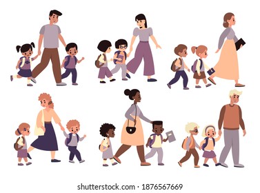 Parents with children walk set. Moms and dads hold hands and accompany kids to school, pupils with adults going class, morning send-offs collection. Vector cartoon colorful people in modern style