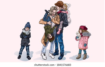 Parents and children for a walk in the winter, cartoon style. Mom and Dad laugh while the kids sit on their backs. Relatives have fun together. Happy family on the street in winter. Perfect family