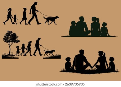 parents and children walking with dog and family sitting together black silhouette