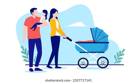 Parents with children walking with kid in hand and baby stroller outdoors. Flat design vector illustration with white background