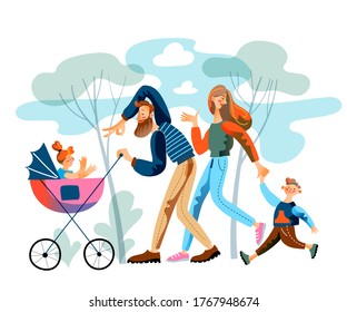 Parents and children walking in park together. Dad with daughter in stroller, mom holds son hand. Vector character illustration of family activity recreation scene, happy parenthood and childhood