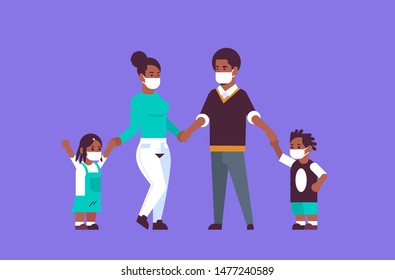 parents and children wearing face masks environmental industrial smog dust toxic air pollution and virus protection concept family holding hands standing together full length horizontal flat