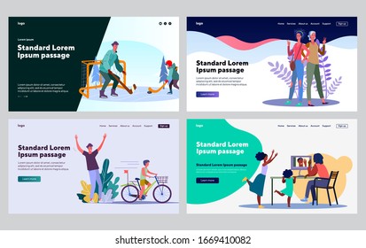 Parents and children weekend set. Dad with little son playing sport games, adult daughter with mother. Flat vector illustrations. Family, activity concept for banner, website design or landing webpage