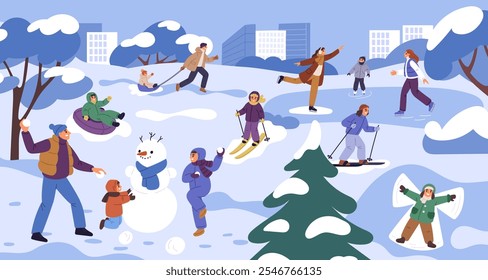 Parents with children in winter park. People playing snow games. Ice skating. Skiing or riding sleigh. Family make snowman. Angel in snowdrift. Wintertime activities