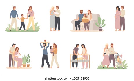 Parents and children. Young family with little baby, pregnant mom and father with son. Husband and wife with kids, familys lifestyle relationship. Isolated vector illustration icons set