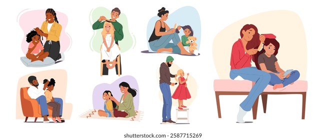 Parents combing children hair making coiffure enjoying morning routine and hygiene daycare procedure isolated cartoon scene set. Happy mom and dad doing hairstyle to lovely kids vector illustration