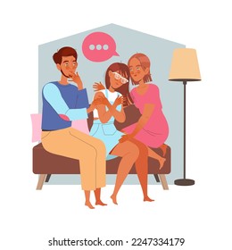 Parents Comforting Daughter Supporting and Talking of Problem Sitting on Sofa Vector Illustration