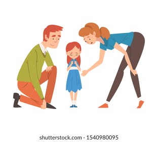 Parents Comforting Their Daughter, Mother and Father Caring for Child, Happy Family Relationship Vector Illustration