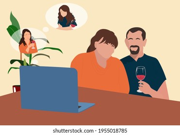 Parents communicate with their children via video communication. Online celebration of the day of family, father, mother. Vector illustration