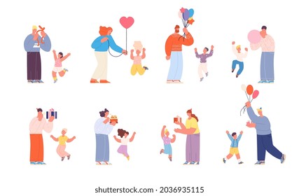 Parents congratulations kids. Birthday family party, cartoon children with adults. Holiday cake, people giving gifts. Festive utter vector characters