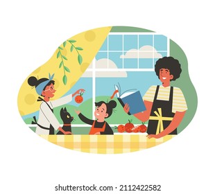 Parents cook with their children together, flat vector illustration isolated on white background. Happy and cheerful people in the kitchen. Man holds recipes book, woman gives orange to her child.