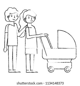 parents couple with baby cart