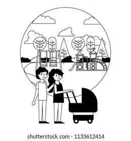 parents couple with baby cart in amusement park