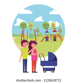 parents couple with baby cart in amusement park
