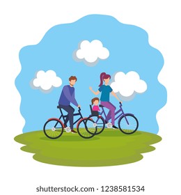 parents couple in bicycle with daughter