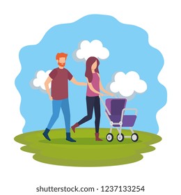 parents couple with cart baby characters