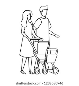 parents couple with cart baby characters