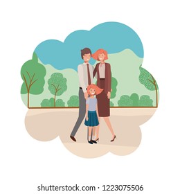 parents couple with daugether in landscape
