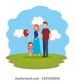 parents couple with daughter and balloon helium