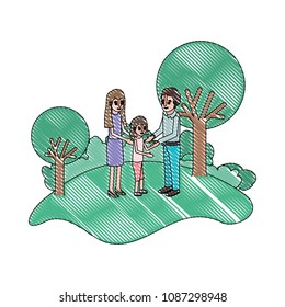 parents couple with daughter in field landscape