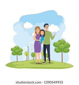 parents couple with daughter in the park scene